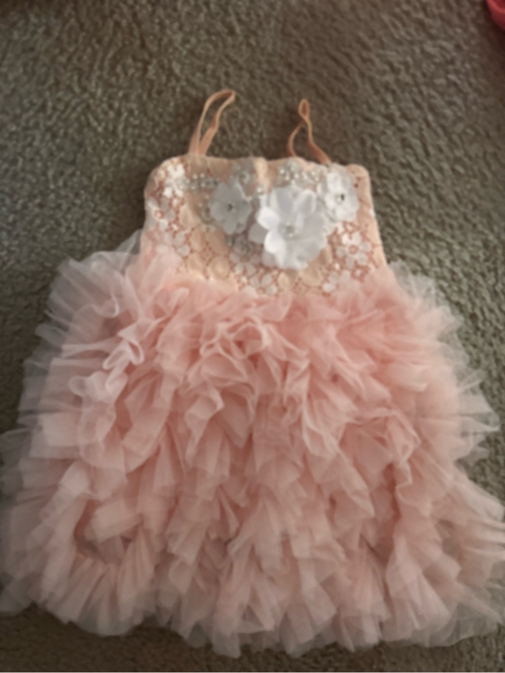 Delicate Peach Tulle Ruffle Dress for Girls with Floral Appliqué